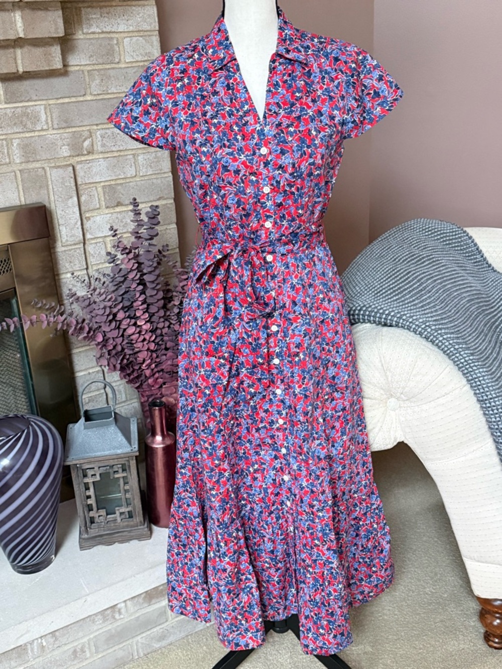 J. CREW Printed Tie-waist Midi Shirt Dress - Red & Blue Floral